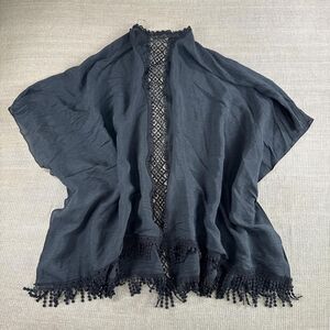Black Fairy Goth Crochet Lace Trim Kimono Robe Cover up Shawl w/ Fringe One Size